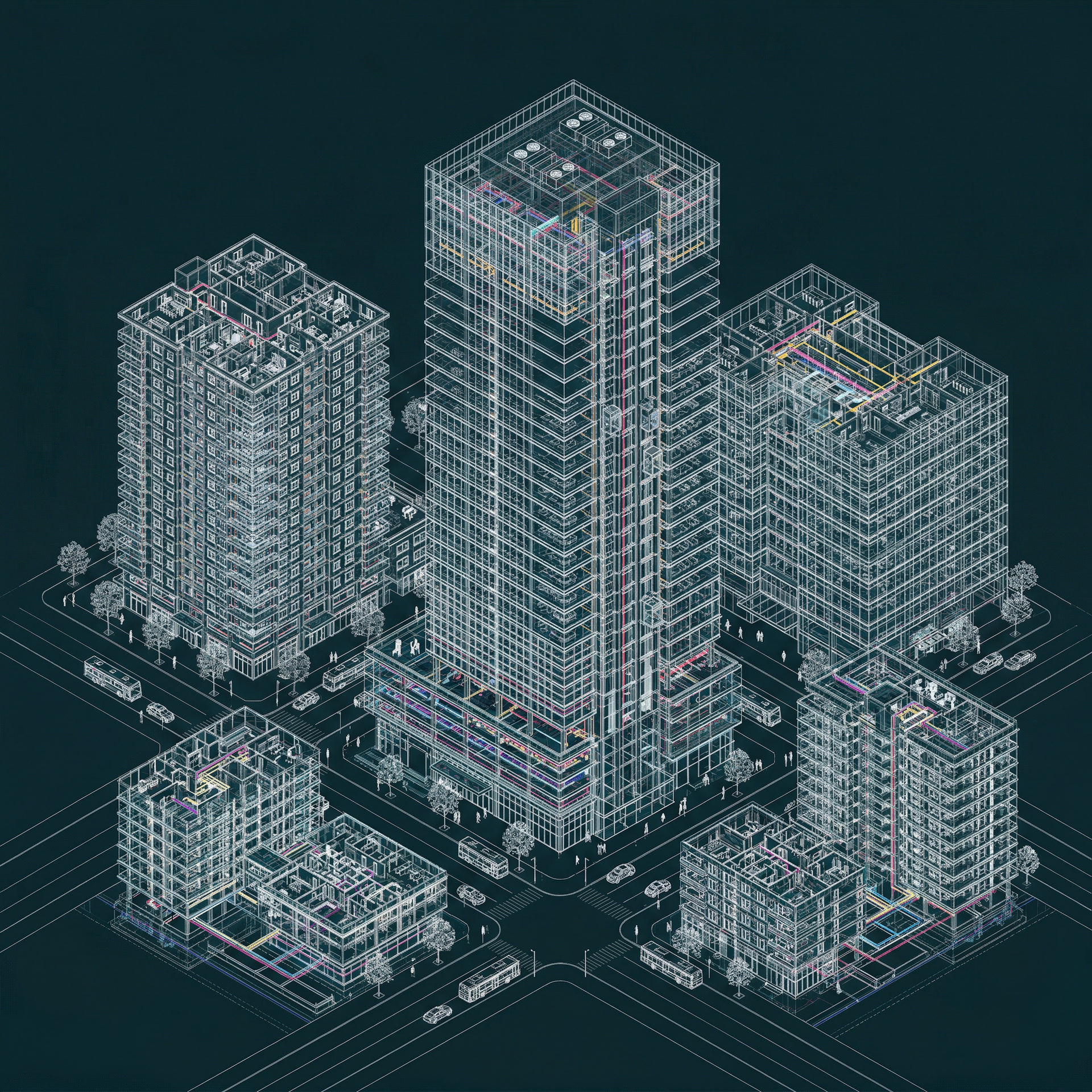 Isometric wireframe view of BIM building models