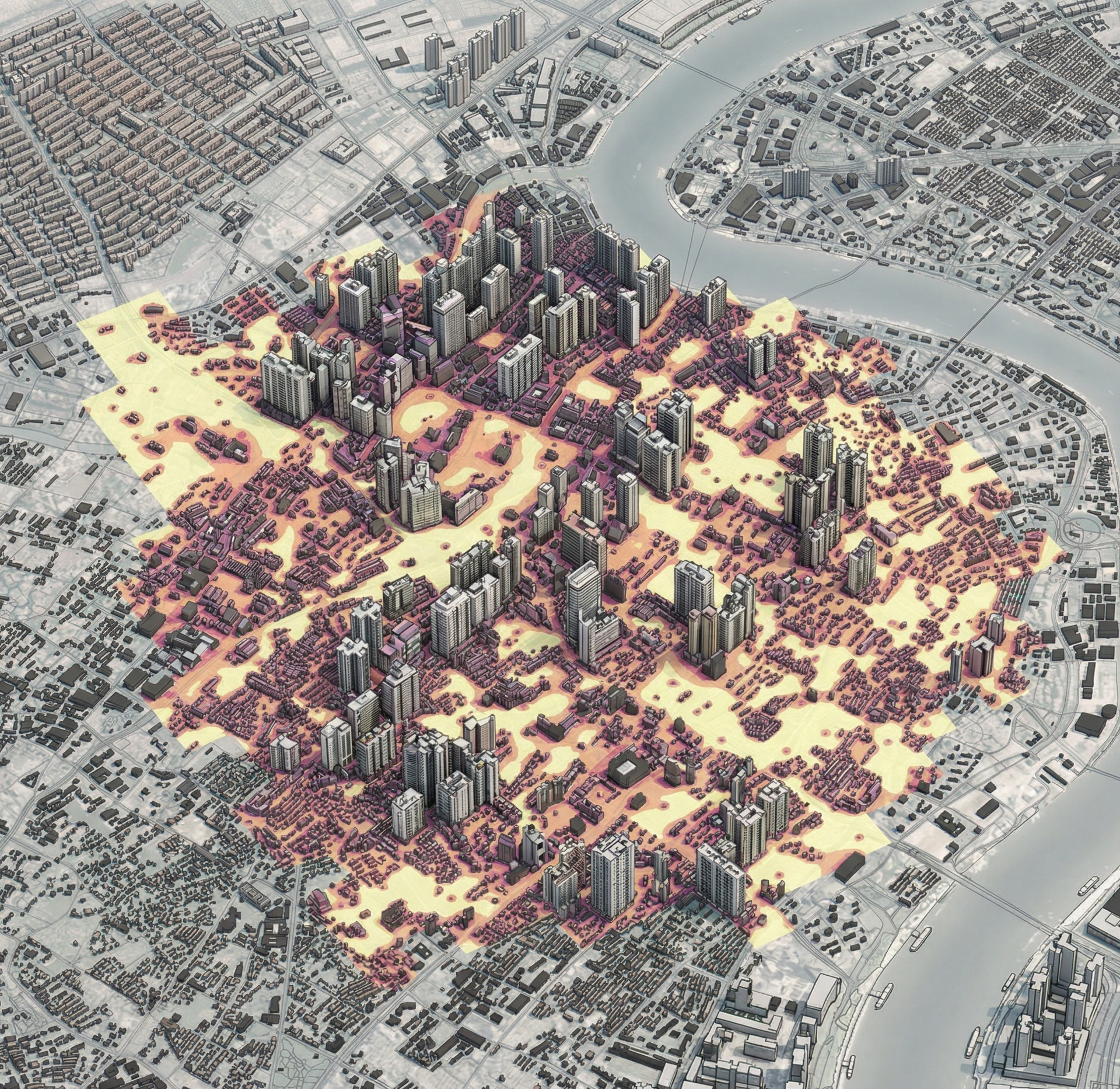 Isometric city simulation with urban heat overlay in ArcGIS