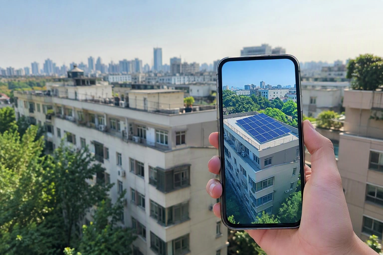 Oblique view of urban rooftops with solar panels and neighbouring buildings in China
