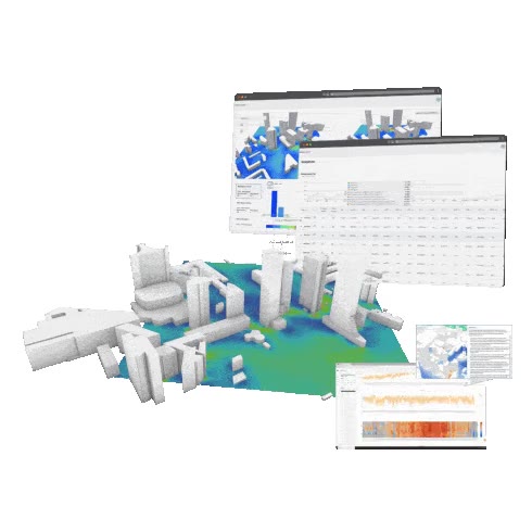 3D urban model with floating dashboards