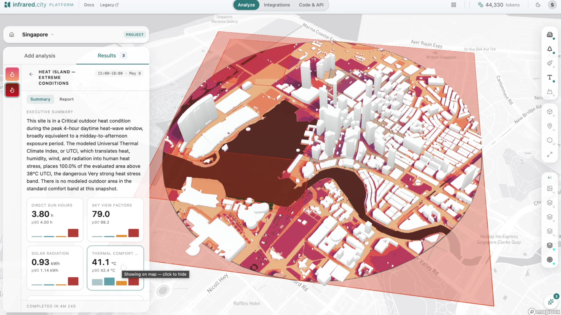 Singapore heat-island analysis — executive summary and per-metric result cards over a 3D city