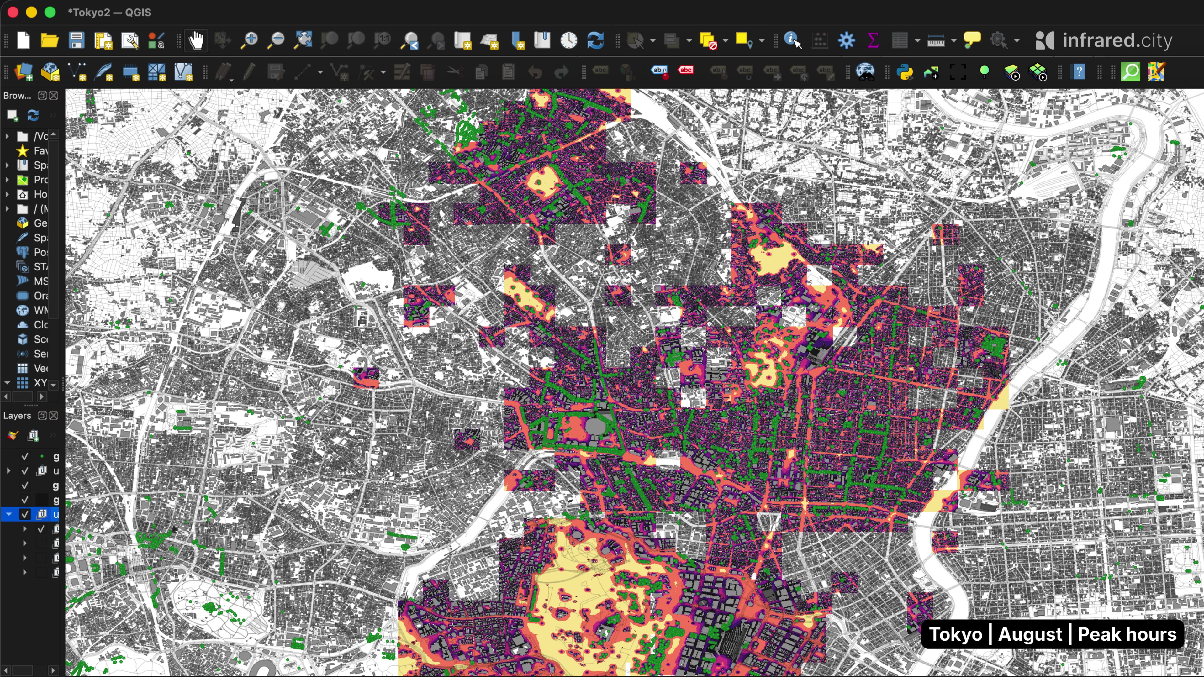 QGIS tile-based simulation over Tokyo city blocks